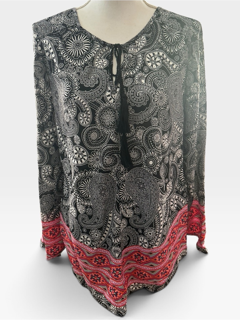 Black Paisley Tie-Neck Tunic with Pink Border